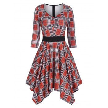 

Plaid Ruched V Neck Handkerchief Dress, Red