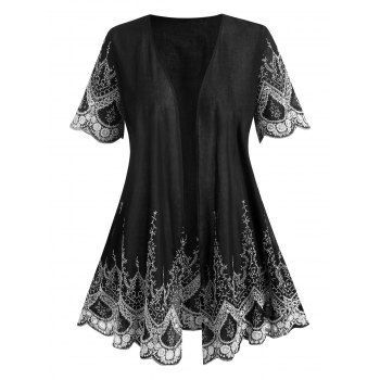 Plus Size Open Front Embroidered Cardigan, Black