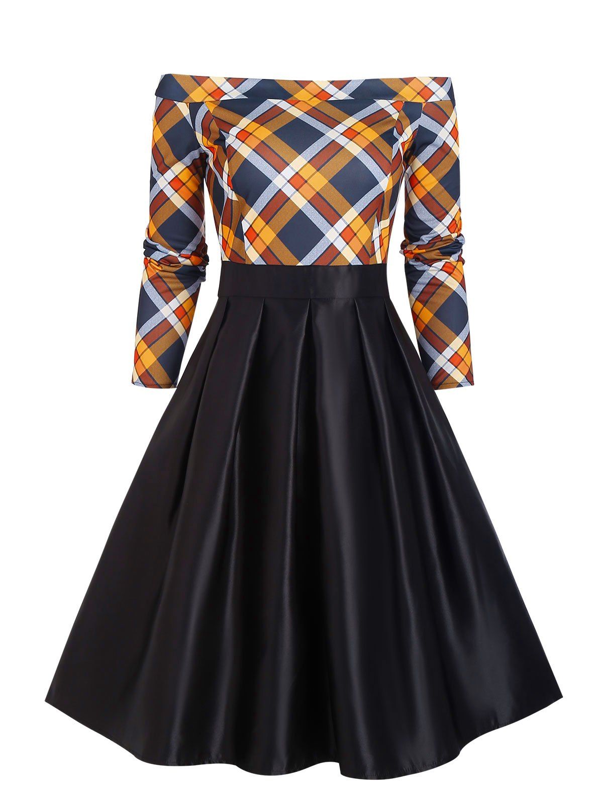 Plaid Print Vintage Dress Off The Shoulder Dress Long Sleeve Pleated Detail A Line Dress - YELLOW L