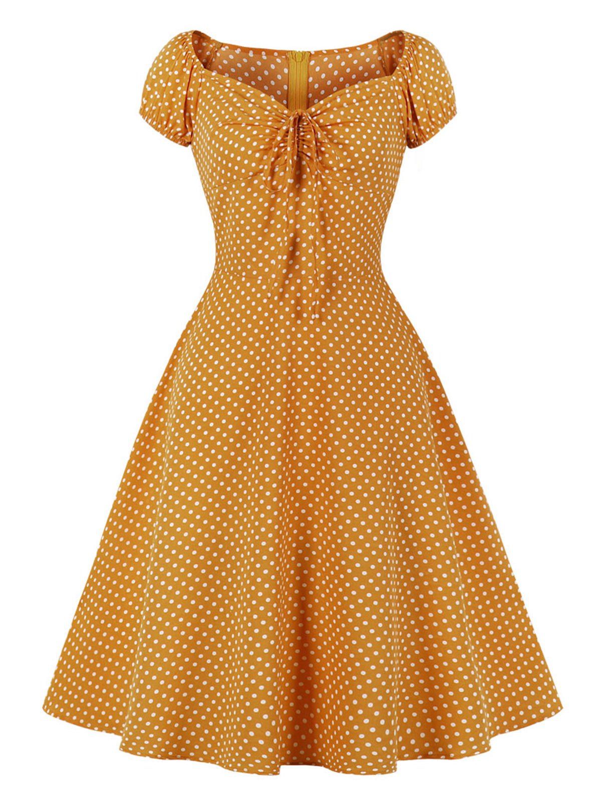 Polka Dot Cinched Dress - YELLOW L