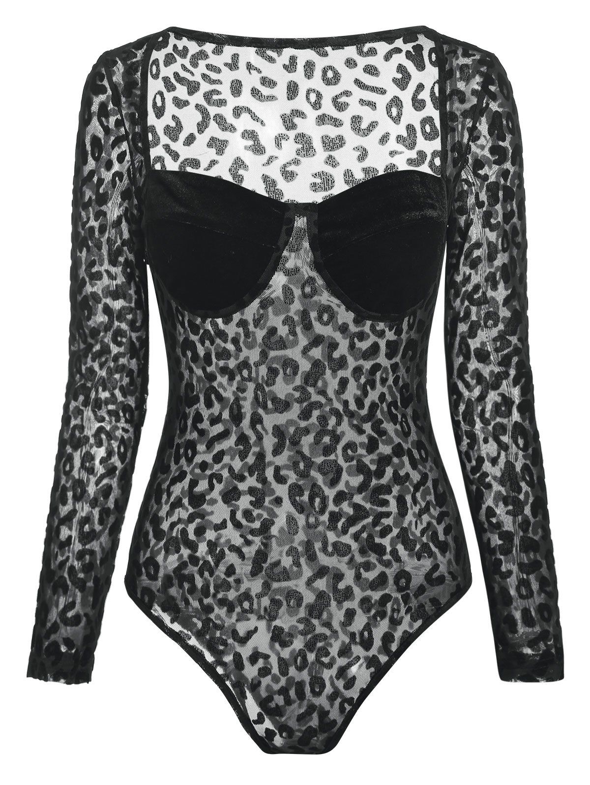 Leopard Corset Style Sheer Bustier Bodysuit - BLACK M