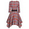 Plaid Ruched V Neck Handkerchief Dress - RED S
