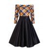 Plaid Print Vintage Dress Off The Shoulder Dress Long Sleeve Pleated Detail A Line Dress - YELLOW 2XL