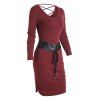 Contrast Corset Belt Criss Cross Ruched Bodycon Slinky Dress - DEEP RED M