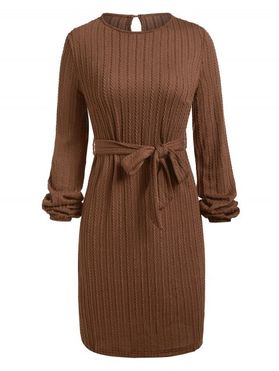 Cable Knit Mini Dress Pure Color Belted Sweater Dress Keyhole Back Long Sleeve Shift Dress