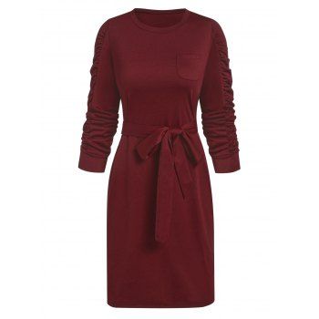 

Ruched Sleeve Belted Sheath Dress, Deep red