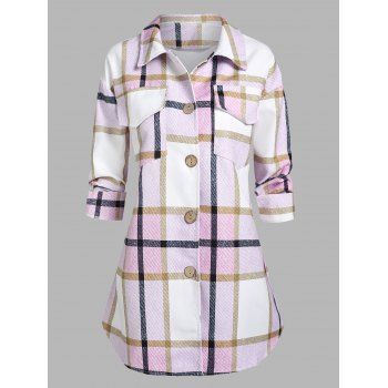 

Plaid Print Double Pockets Wool Blend Shacket, Light pink