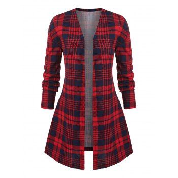 

Drop Shoulder Open Front Plaid Cardigan, Deep red