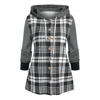 

Hooded Plaid Button Up Jacket, Gray