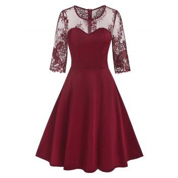 

Sheer Lace Insert Midi Cocktail Dress, Red