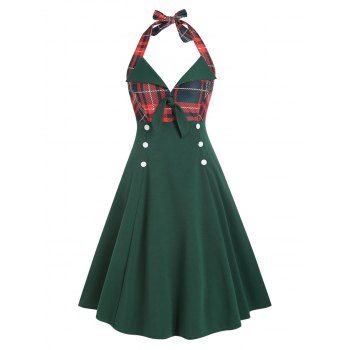 

Plaid Tied Mock Button Halter Dress, Red