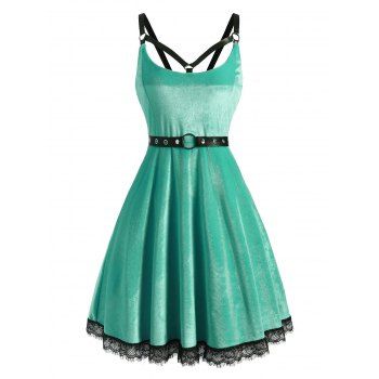 

Lace Hem Grommet Velvet Caged A Line Dress, Light green