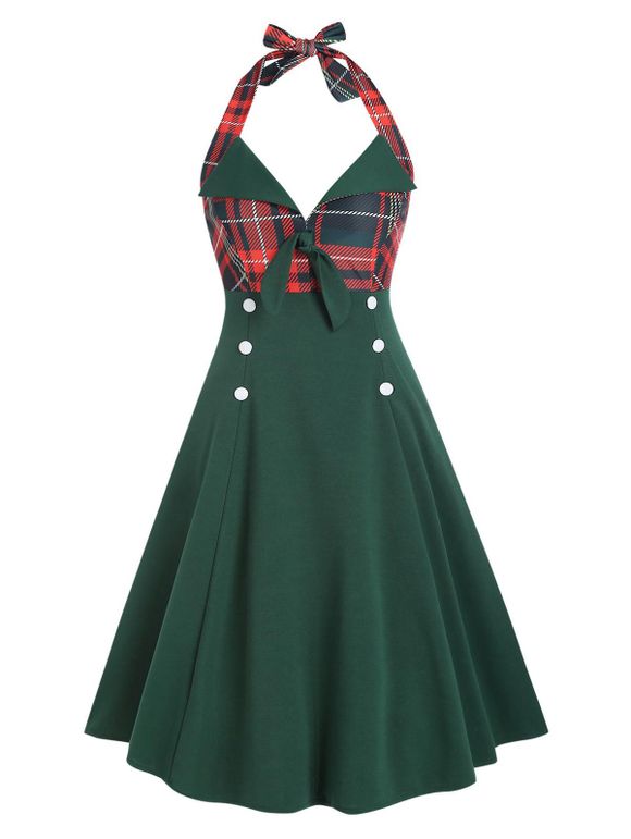 Plaid Tied Mock Button Halter Dress - RED S
