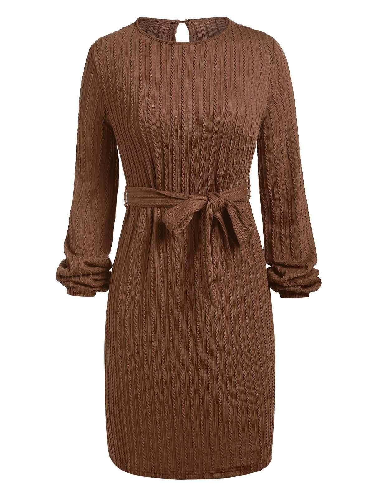 Cable Knit Belted Keyhole Back Mini Dress - COFFEE L