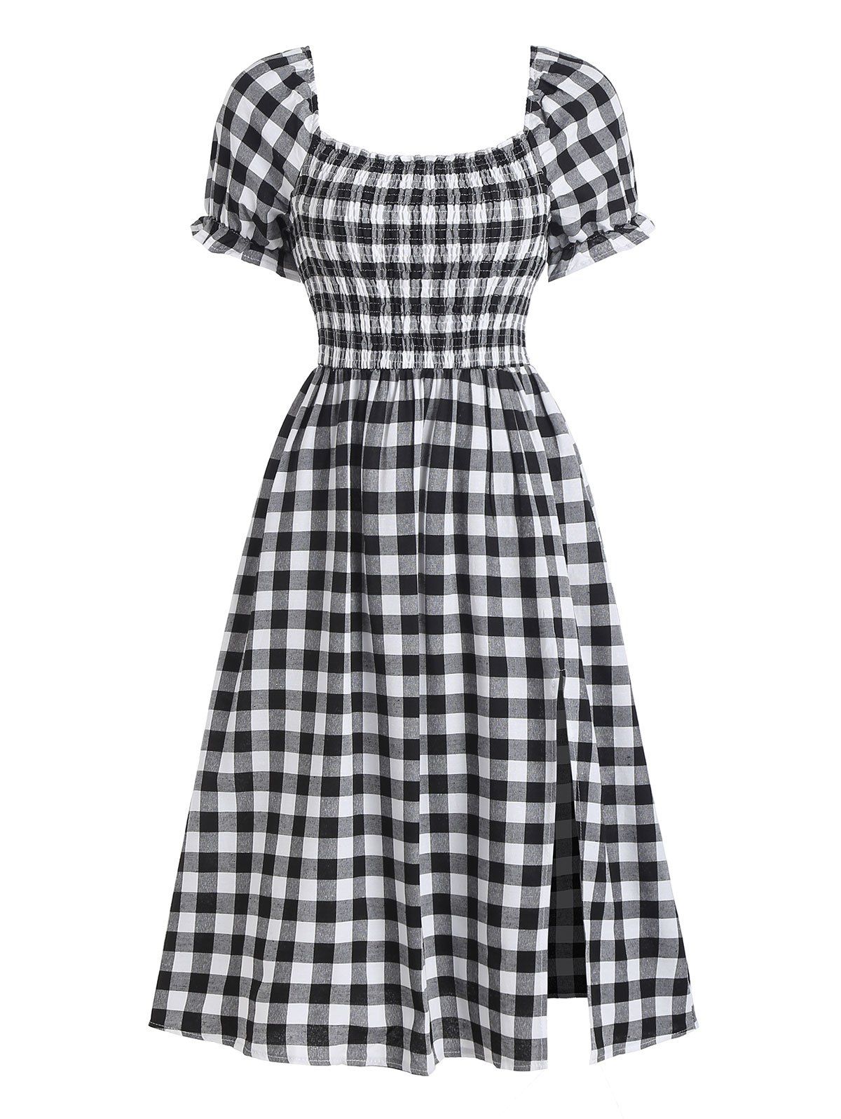 Vintage Dress Gingham Plaid Print Puff Sleeve Midi Dress Shirred Waist Slit Square Neck Dress - BLACK M