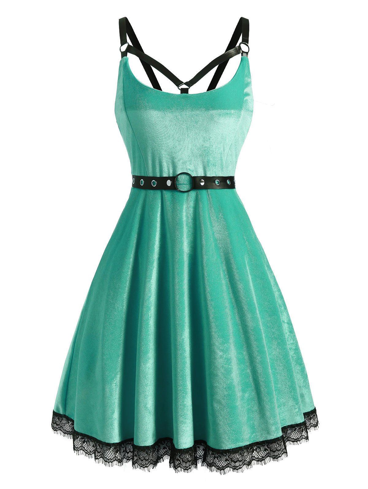 Lace Hem Grommet Velvet Caged A Line Dress - LIGHT GREEN M