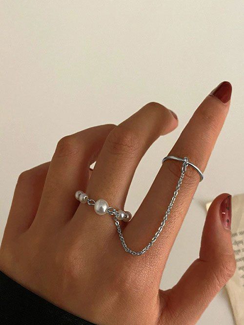 Retro Faux Pearl Chain Integrated Ring - SILVER 