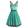Lace Hem Grommet Velvet Caged A Line Dress - LIGHT GREEN S
