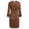 Cable Knit Mini Dress Pure Color Belted Sweater Dress Keyhole Back Long Sleeve Shift Dress - COFFEE M