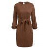 Cable Knit Mini Dress Pure Color Belted Sweater Dress Keyhole Back Long Sleeve Shift Dress - COFFEE S