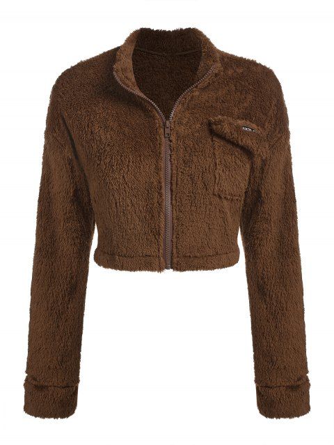 Faux Fur Flap Pockets Cropped Fuzzy Jacket