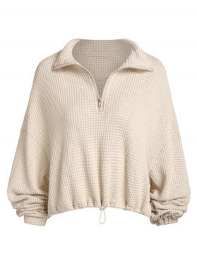 Drop Shoulder Drawstring Waist Half Zipper Sweater