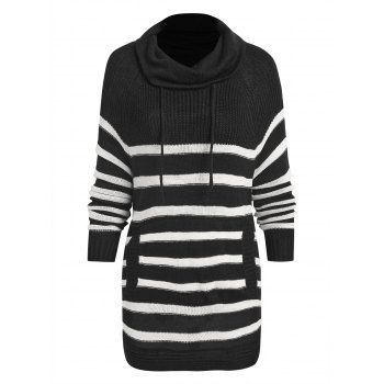 

Turtleneck Drawstring Striped Sweater, Black