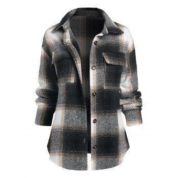 Plaid Drop Shoulder Pocket Jacket, Black