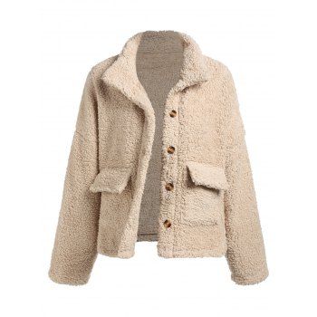

Fluffy Cargo Pockets Button Up Teddy Jacket, Light coffee