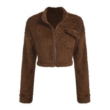 

Faux Fur Flap Pockets Cropped Fuzzy Jacket, Deep coffee