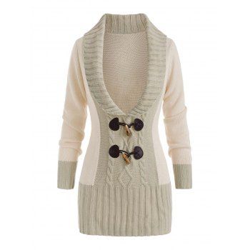 Colorblock Horn Button Plunging Sweater