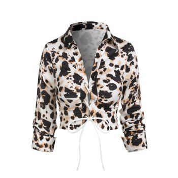 

Leopard Print Lace-up Cropped Blouse, Coffee