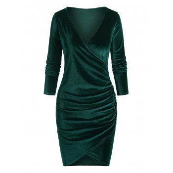 

Ruched Plunge Velvet Mini Tulip Dress, Deep green