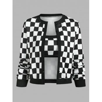 

Checkerboard Bra Top and Button Up Jacket Set, Black