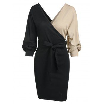 

Colorblock Batwing Sleeve Belted Bodycon Mini Dress, Black