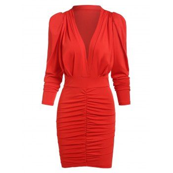 

Gigot Sleeve Plunge Ruched Bodycon Dress, Red