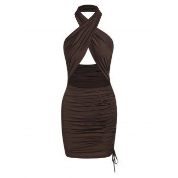 

Crossover Cutout Ruched Mini Dress, Deep coffee