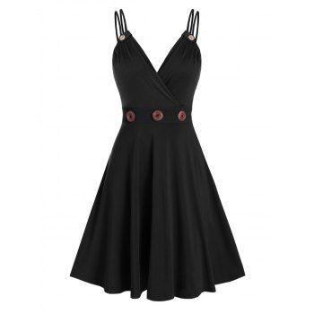 

Summer Strappy Mock Button Flare Surplice Dress, Black