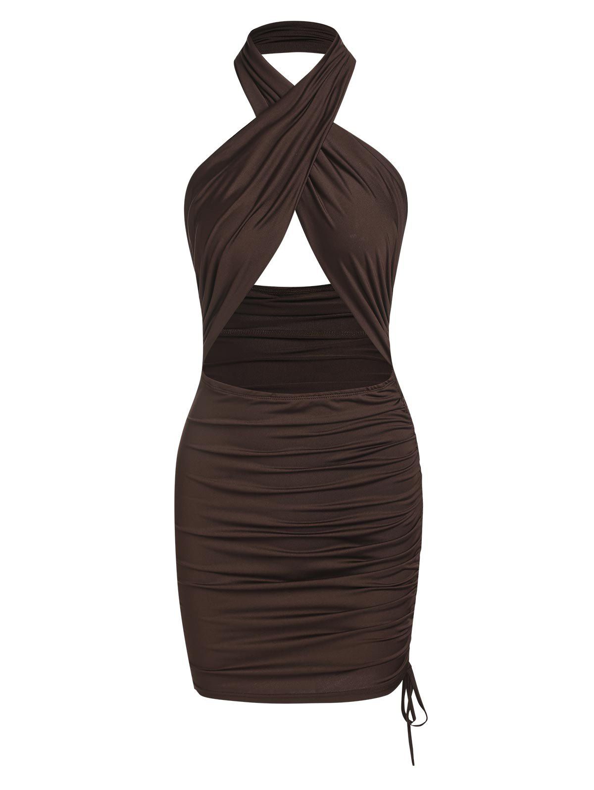 Crossover Cutout Ruched Mini Dress - DEEP COFFEE L