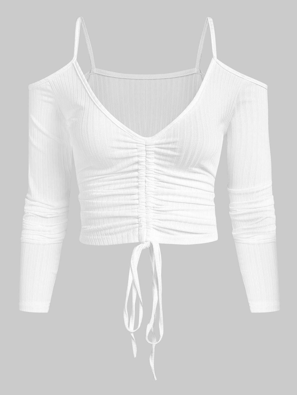 Cold Shoulder Ribbed Cinched Knitwear - WHITE L