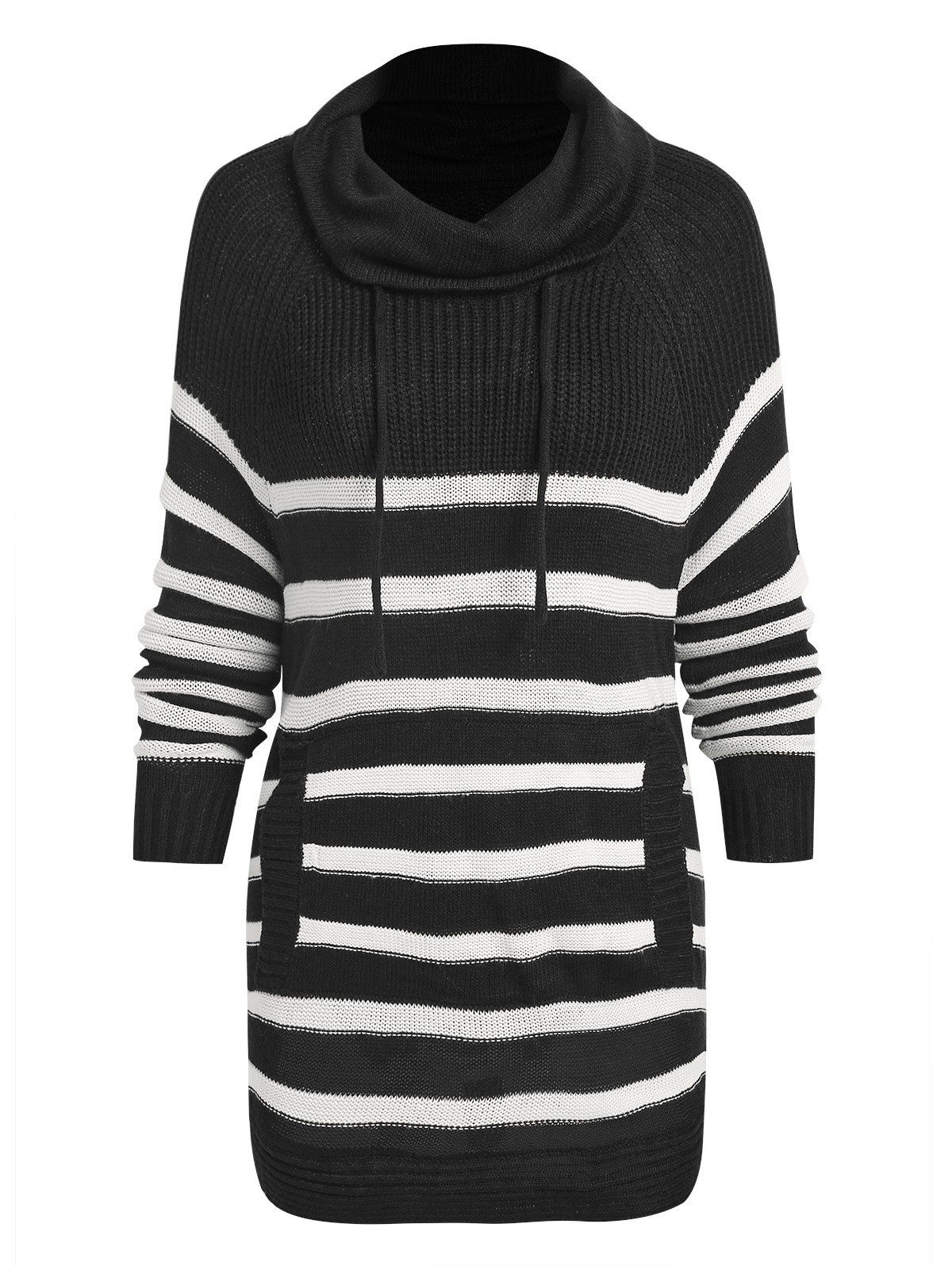 Turtleneck Drawstring Striped Sweater - BLACK XL