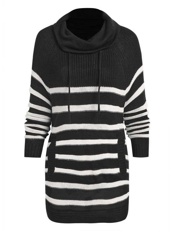 Turtleneck Drawstring Striped Sweater - BLACK L