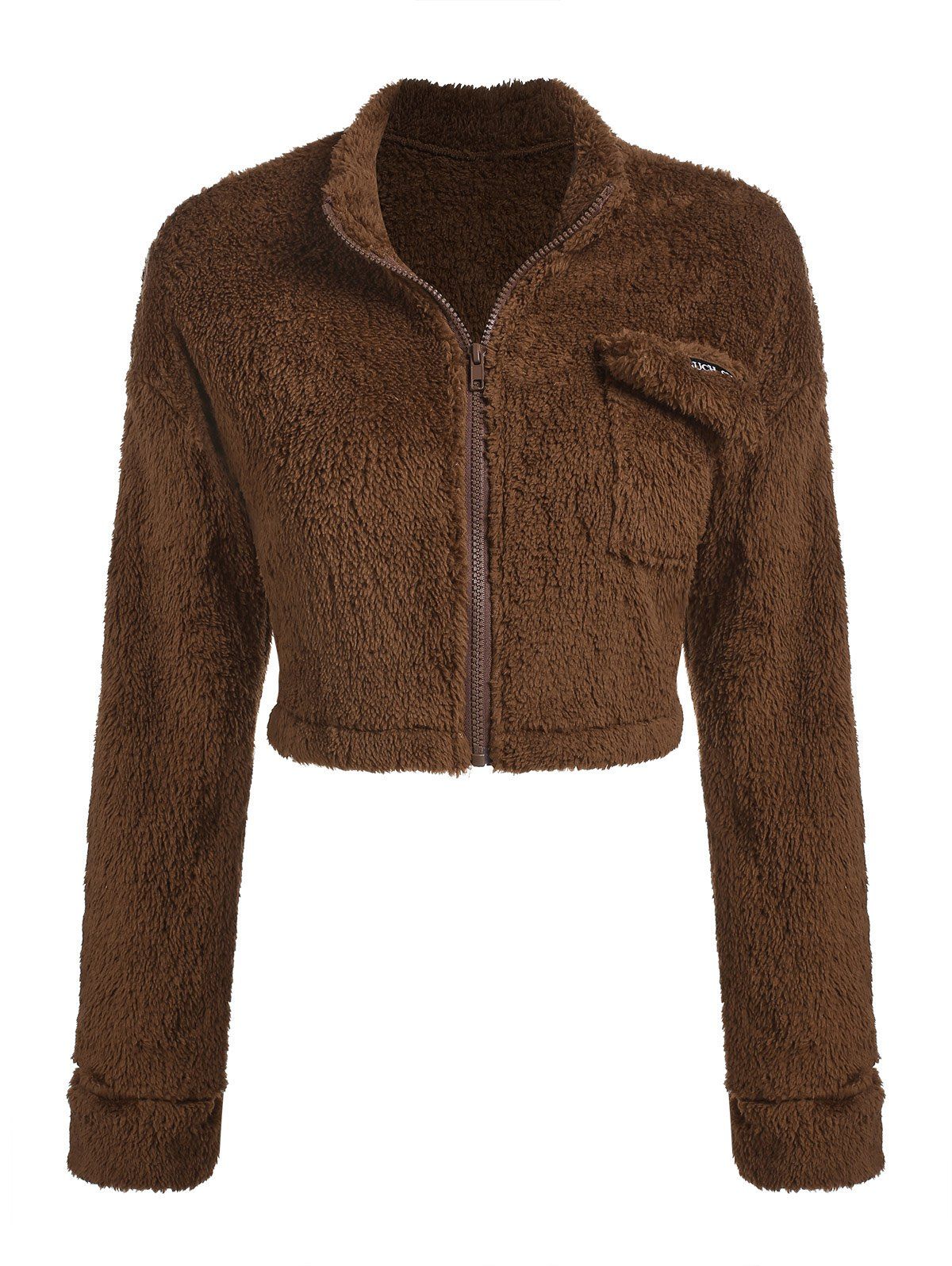 Faux Fur Flap Pockets Cropped Fuzzy Jacket - DEEP COFFEE M