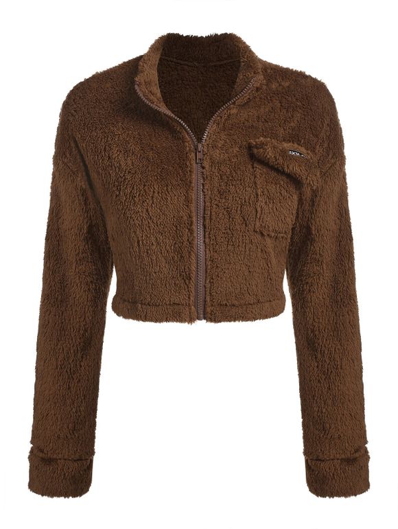 Faux Fur Flap Pockets Cropped Fuzzy Jacket - DEEP COFFEE L