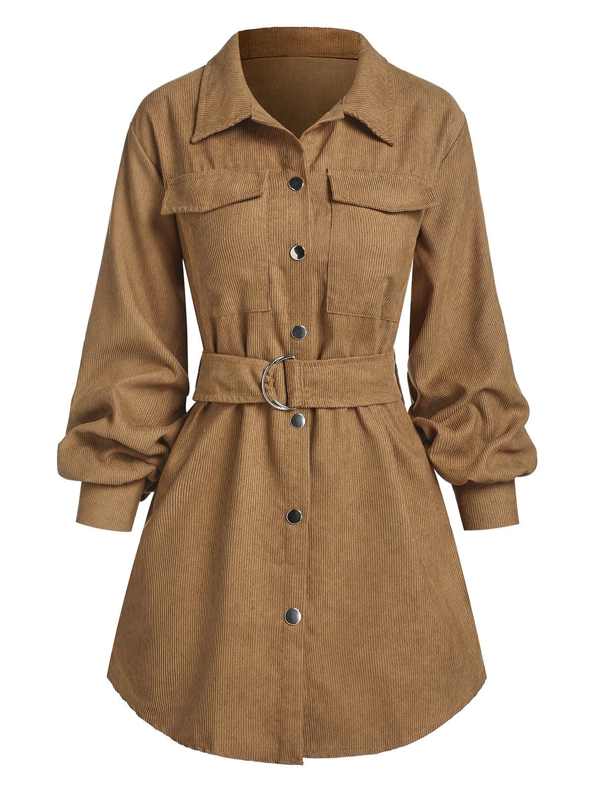 Button Up Corduroy Belted Coat - COFFEE M