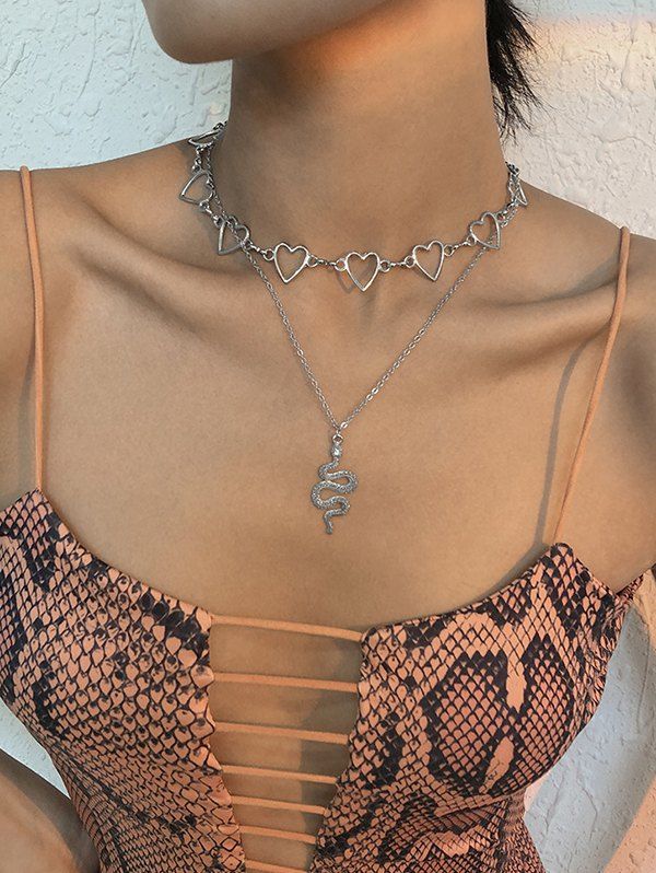 Hollow Out Heart Snake Layered Necklace - SILVER 