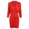 Gigot Sleeve Plunge Ruched Bodycon Dress - RED L