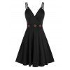 Summer Strappy Mock Button Flare Surplice Dress - BLACK L