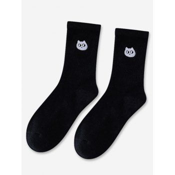 

Cartoon Cat Embroidery Crew Socks, Black