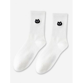 

Cartoon Cat Embroidery Crew Socks, White